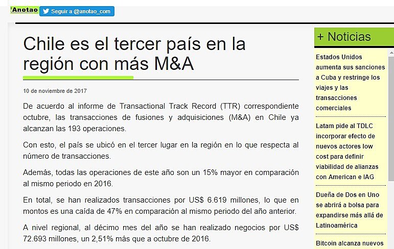 Chile es el tercer pas en la regin con ms M&A